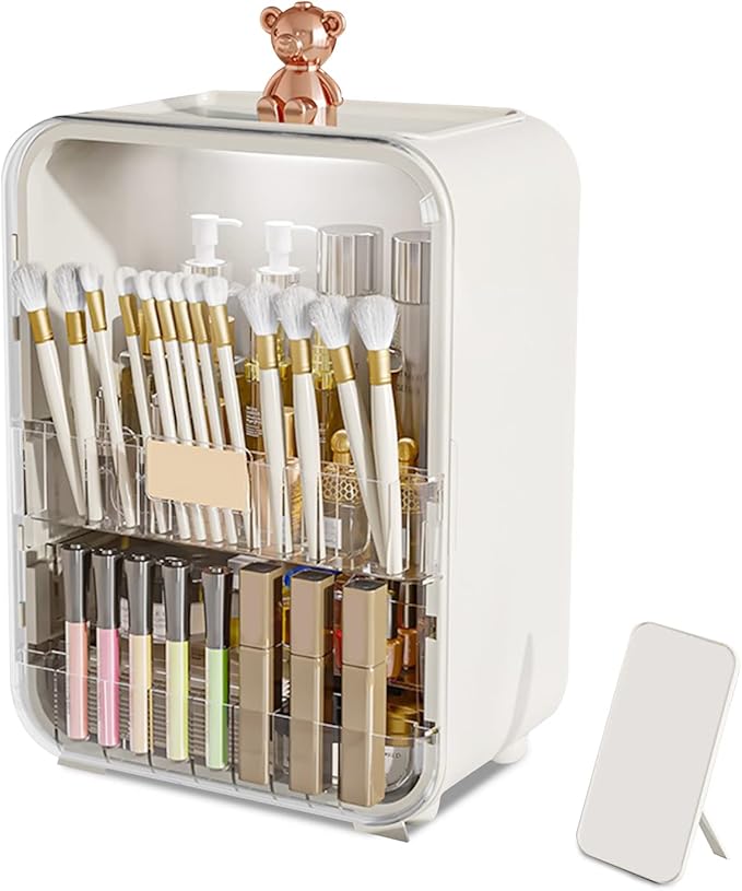 Ergocar Portable Pink Bear Series Multi-Function Make Up Case Dustproof Cosmetic Storage Box, Cosmetics Skin Care Products Jewelry Organizer Case Lipstick Box With LED Light - White