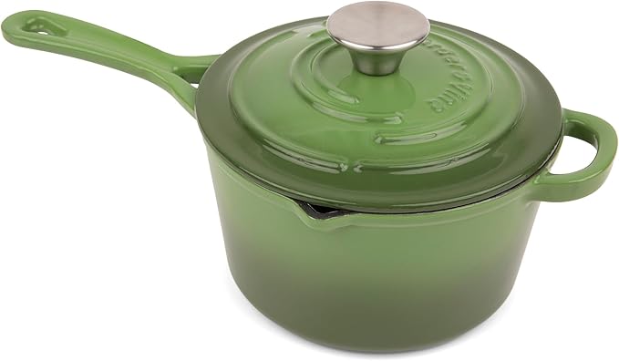 Larder & Vine Enameled Cast Iron Saucepan | 2.2 qt Sauce Pan with Lid | Saucepan with Pour Spouts | Enameled Cast Iron Pot Compatible on All Cooktops & Oven Safe to 500° F | Okra