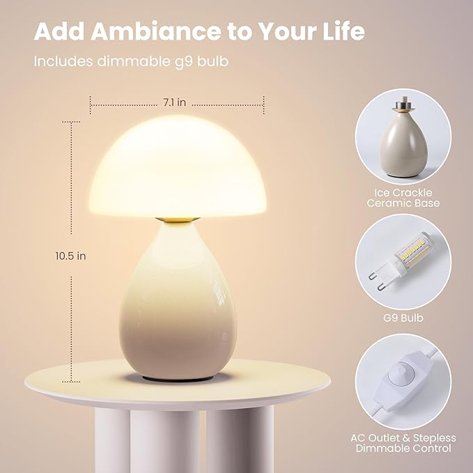 Mushroom Lamp Small Vintage Table Light, Mini Modern Lamp Bedside Nightstand LED, Small Light Dimmable for Bedroom, Living Room, Ceramic Base Glass Led Home Decor for Woman Gifts