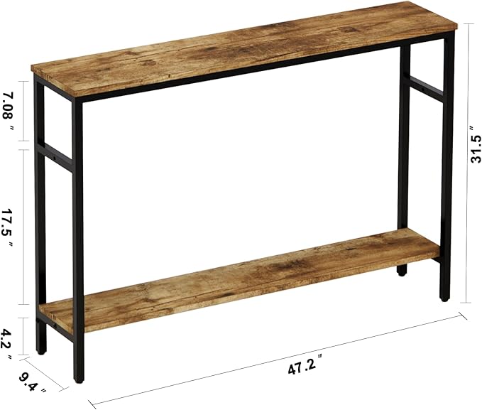 Narrow Console Table, 47 Inch Sofa Table with Adjustable Shelf, 2-Tier Long Skinny Table for Hallway, Entryway, Living Room, Foyer, Rustic Brown