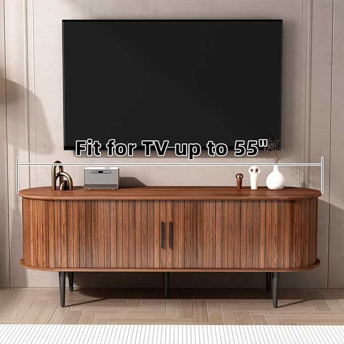 55" Mid-Century Modern TV Stand with Sliding Door & Storage | Walnut Media Console for Living Room | Gaming Entertainment Center Cabinet for Bedroom/Office (55")