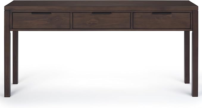 SIMPLIHOME Hollander Console Table - 60 Inch Wide Solid Wood Sofa Table in Warm Walnut Brown, Contemporary Storage Table for Entryway or Living Room with 3 Drawers and Sleek Metal Hardware