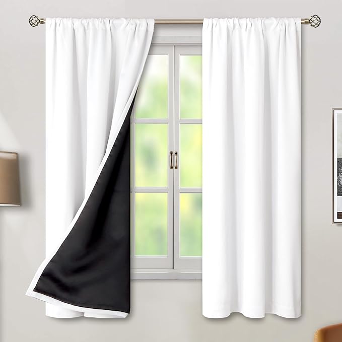 BGment Pure White 100% Blackout Curtains 63 Inches Long with Thermal Insulated Liner, Rod Pocket and Back Tab Double Layer Full Room Darkening Window Curtain for Bedroom, 2 Panels, Each 38 x 63 Inch