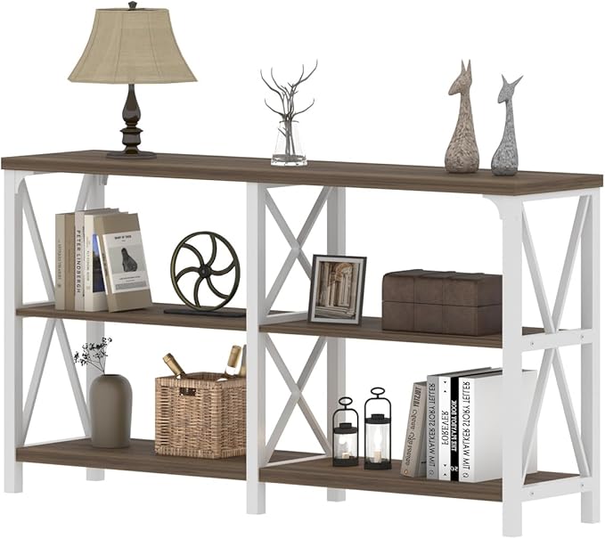 IBF Farmhouse Entryway Table, Wood TV Console Table, Long Rustic Metal Sofa Table, Industrial Hallway Table with Storage Shelves, Modern Foyer Tables for Front Entry Way, White and Rustic Oak, 55 in