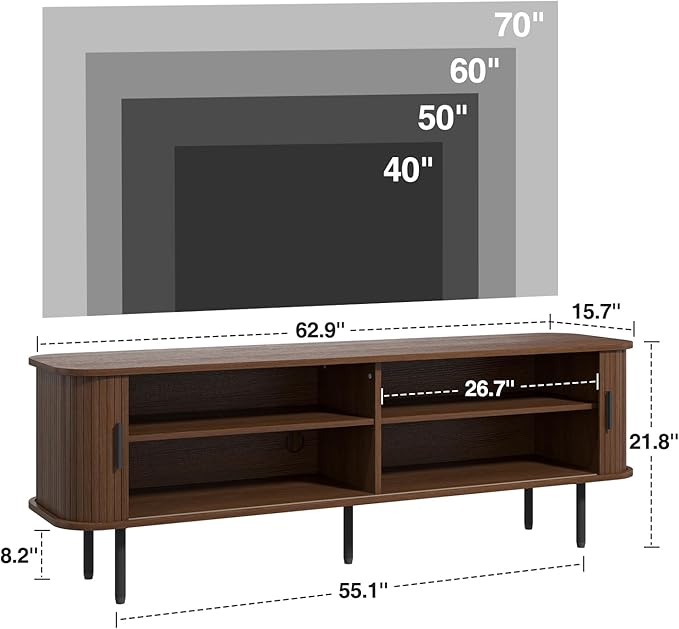 63" Mid Century Modern Fluted TV Stand for TVs up to 75 Inch, Gaming Entertainment Center with Tambour Slatted Sliding Doors, Media TV Consoles Table for Living Room, Walnut
