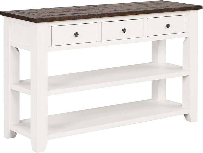 Knocbel Farmhouse Entryway Long Console Table with 3 Storage Drawers and Bottom Open Shelves, Entry Hallway Foyer Sofa Table with Handles, 29.9" H x 48.8" W x 15.8" D (Antique White and Brown)