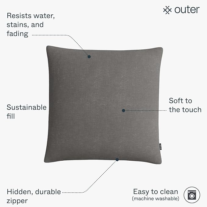 Outer Outdoor Throw Pillow with OuterWeave Performance Fabric, Decorative Outdoor Pillow for Patio & Outdoor Furniture, Includes Machine Washable Pillow Cover and Insert - Dark Pebble Gray, 20"x20"