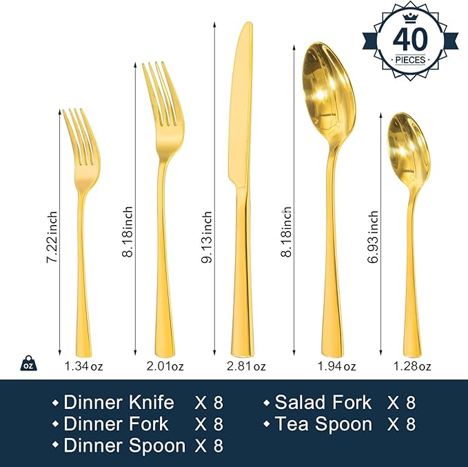 KINGSTONE Silverware Set for 8, 40-Piece Forged 18/10 Stainless Steel Flatware Set, Mirror Finish Cutlery Set Dishwasher Safe for Home, Restaurant, Wedding, Party,Gold