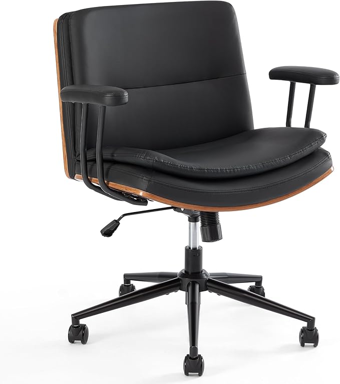 Criss Cross Chair with Armrests & Wheels, PU Leather Adjustable Swivel Walnut Task Chair with Wide Seat, Ergonomic Mid Back Computer Office Desk Chairs for Meeting Room, Home