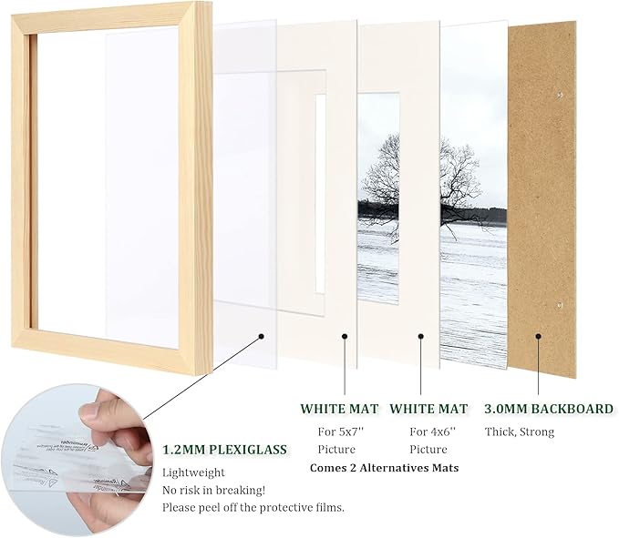 Egofine 8x10 Picture Frame Natural Wood Made of Solid Wood with Plexiglass, Display Pictures 4x6/5x7 with Mat or 8x10 Without Mat, for Tabletop and Wall Mounting Photo Frame