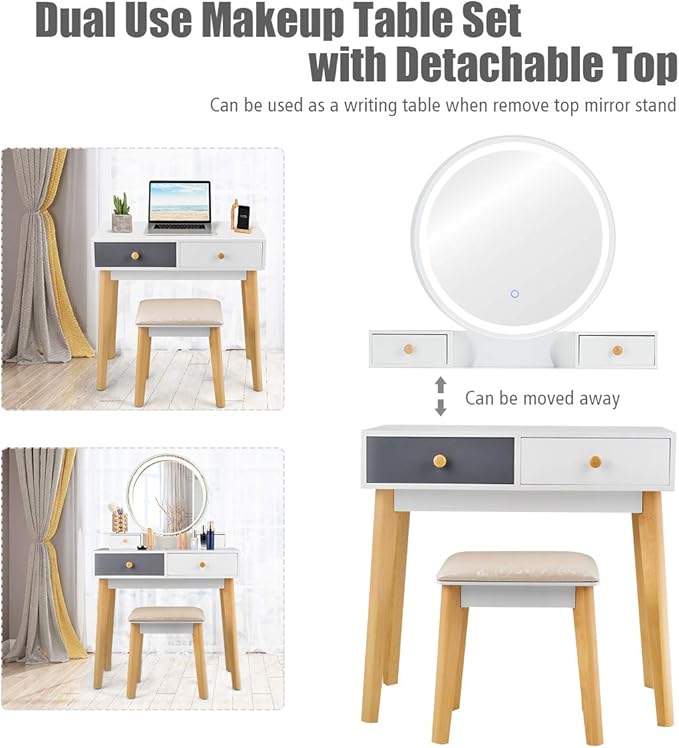 CHARMAID Vanity Set with Lighted Mirror, 3 Color Touch Screen Dimming Mirror, Adjustable Brightness, Bedroom Makeup Dressing Table with 4 Drawers and Cushioned Stool for Girls Women, White & Gray