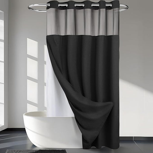 River Dream Heavyweight No Hooks Required Dotted Waffle Weave Shower Curtain with Snap in Liner -Extra Long 71W x 86H,Hotel Grade,Spa Like Bath Curtain,Black