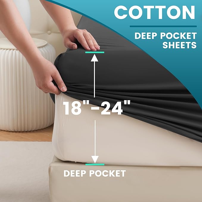 Bedlifes King Sheet Set, Extra Deep Pocket 18-24 Inches,1000Thread Count 100% Egyptian Cotton, Soft and Breathable Sateen 4-Piece Black