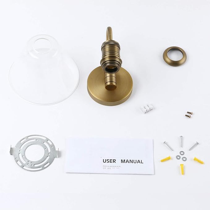 Yosoan 1-Light Brass Modern Vintage Indoor Wall Sconce, Vanity Single Luxury Hardwired Retro Textured Clear Funnel Flared Glass Shade with Industrial Gooseneck Curved Rod Bathroom Lamp(Antique)