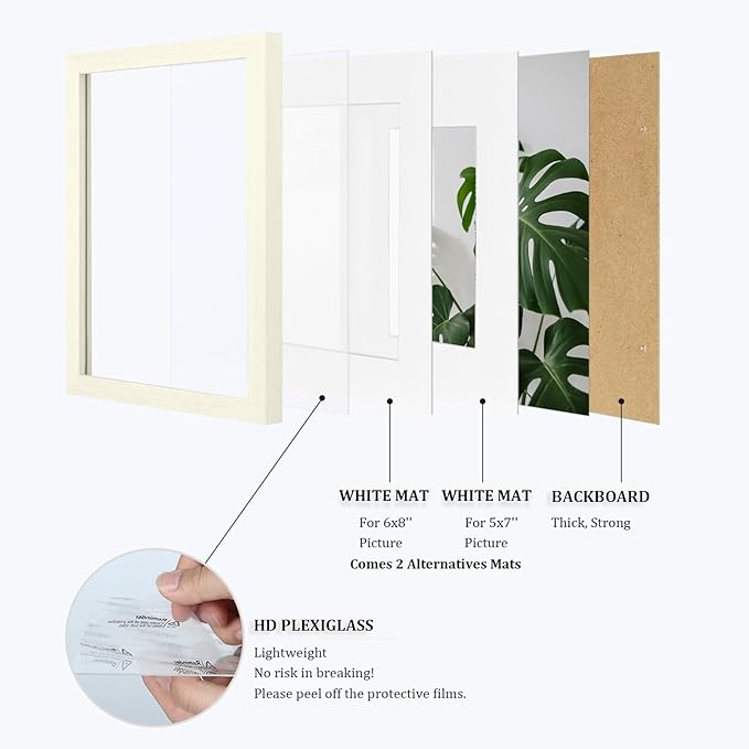 Egofine 9x12 Picture Frame Made of Solid Wood with Plexiglass, Display Pictures 5x7/6x8 with Mat or 9x12 Without Mat for Tabletop and Wall Mounting, Beige