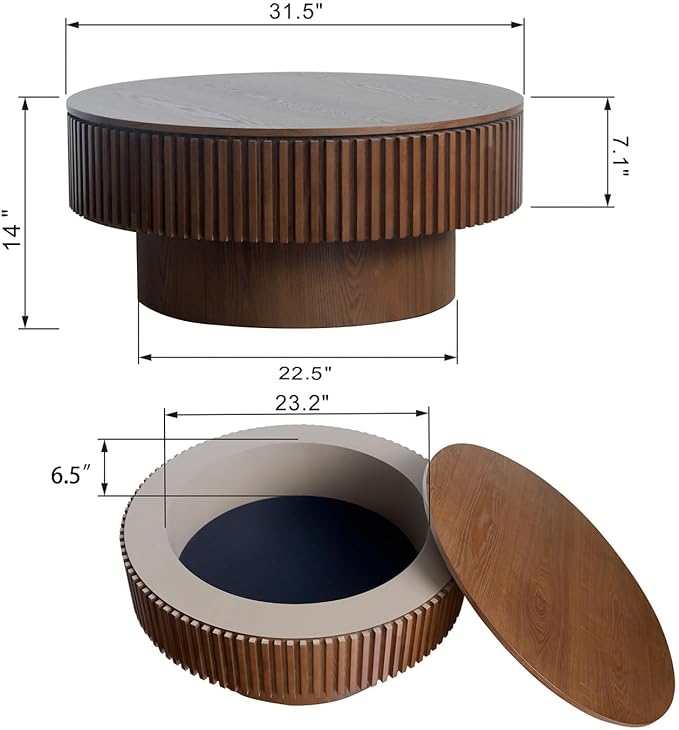 Round Coffee Table for Living Room, Accent Fluted Drum Coffee Table with Storage, Modern Solid Wood Veneered Circle Center Tea Table for Small Space Apartment (31.5''D×14''H-Walnut)