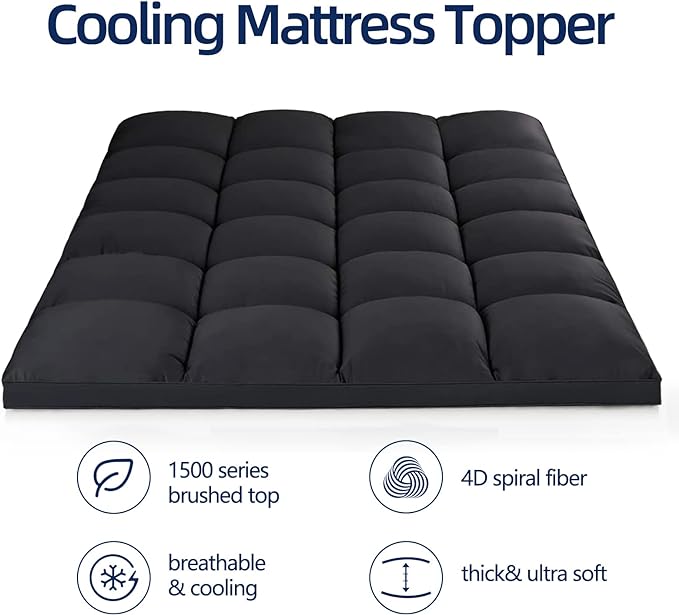 Mattress Topper Twin XL for Back Pain, Extra Thick Mattress Pad Cover, Plush Pillow Top, Deep Elastic Pocket, Black