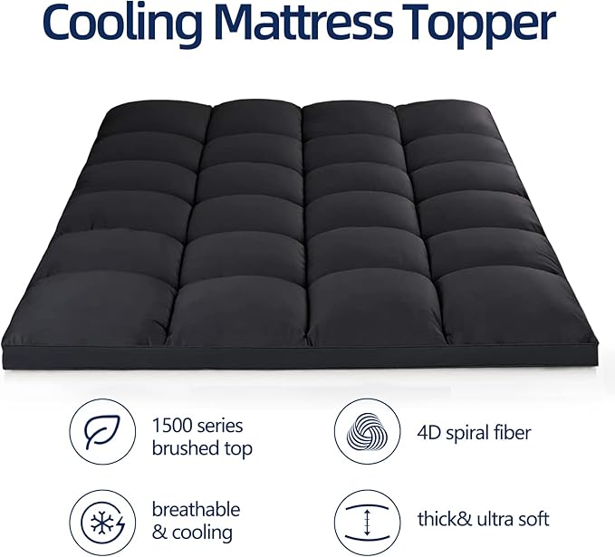 Mattress Topper Twin, Extra Thick Mattress Pad Cover, Plush Pillow Top, Deep Elastic Pocket, Black