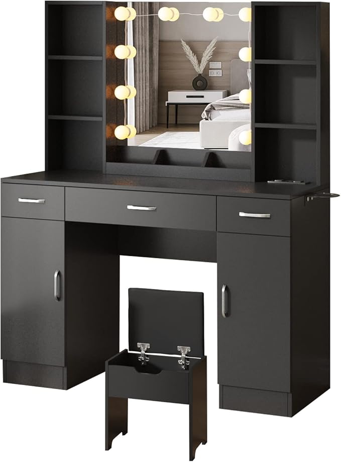 Vabches Makeup Vanity Table with Lighted Mirror & Power Strip, Large Vanity Set Vanity Desk with Lots Storage, 3 Lighting Modes, Brightness Adjustable, 45.2in(Large, Black)