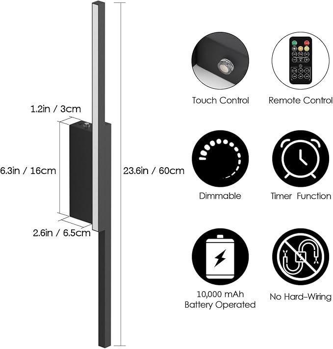 Aipsun 23.6inch Black Battery Operated Wall Sconce Set of 2, Rechargeable Wall Sconce Lighting Dimmable Wireless Wall Lights for Living Room,Bedroom
