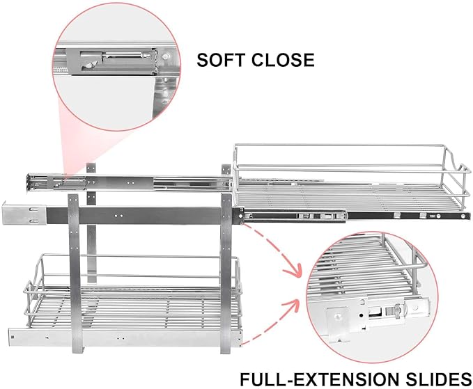 2 Tier Pull Out Cabinet Organizer,(14½"W x 22" D) Soft Close Slide Out Drawer For Kitchen Base Cabinet, Individual Pull Out Shelf, Roll Out Pantry Organization, 22 Inch Deep