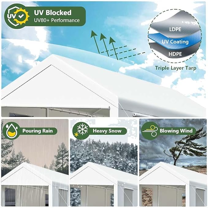 Carport, 10x20 ft White Heavy Duty Carport with Roll-up Windows, Portable Garage with Removable Sidewalls & Doors, Car Canopy and All-Season Tarp for Car Boat Truck Motorcycle