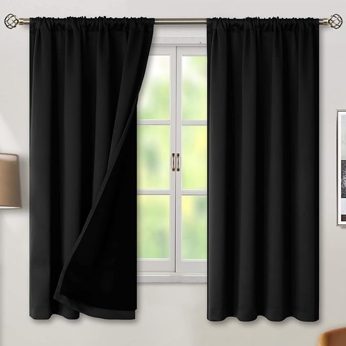 BGment Full Blackout Curtains with Thermal Insulation Liner Curtains 63 Inches Long, Rod Pocket and Back Tab Double Layer Room Darkening Window Curtain for Bedroom(42 x 63 Inch, 2 Panels, Black)