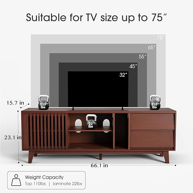 JOINCE,66" TV Stand for 60/65/75 inch tv, Mid Century Modern Entertainment Center/TV Stand and Media Console Table with Drawer and Shelf, Slatted Door TV Console for Living Room, Bedroom, Walnut