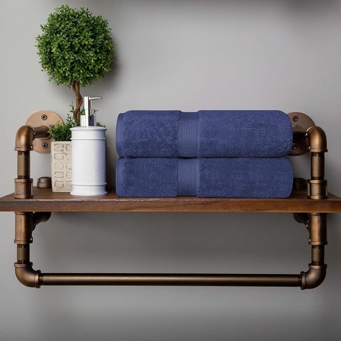 Superior Egyptian Cotton Pile Bath Towel Set of 2, Ultra Soft Luxury Towels, Thick Plush Essentials, Absorbent Heavyweight, Guest Bath, Hotel, Spa, Home Bathroom, Shower Basics, Navy Blue