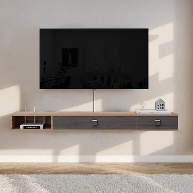 Pmnianhua Floating TV Shelf,70'' Wall Mounted Floating TV Stand Unit Media Console Wall TV Console Cabinet Media Entertainment Shelf with 2 Doors for TVs up to 75'' (Walnut)