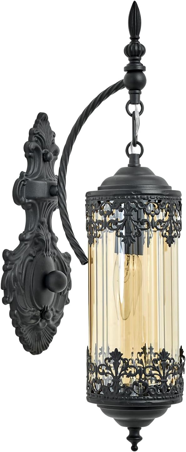 Rustic Wall Sconce with Amber Glass Mini Vintage Antique Gothic Wall Light Fixture Retro Farmhouse Mid Centry Lantern Wall Sconce for Bedroom, Hallway, Living Room, Mirror, Black, E12