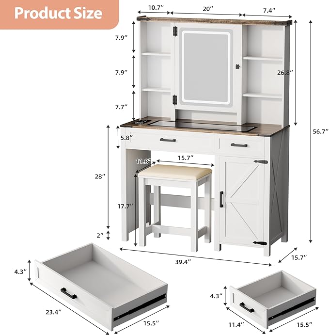 Farmhouse Makeup Vanity, Vanity Desk with 3 in 1 Charging Station and Human Body Sensing LED Lights, Vanity Table with Glass Tabletop & Hidden Jewelry Cabinet, Stool Included, Vintage White