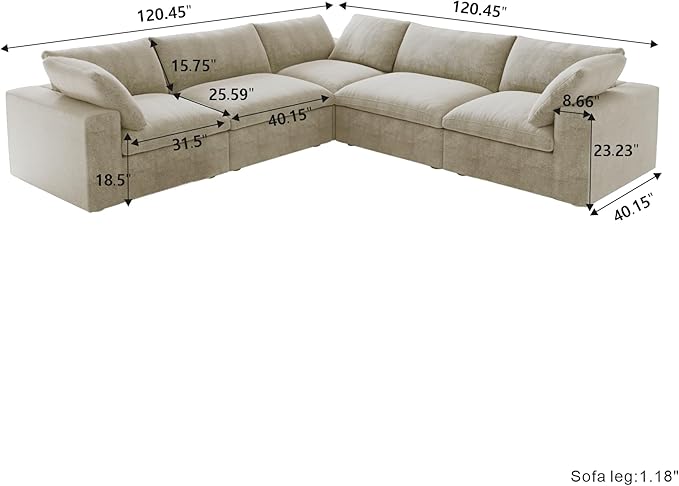 JACH V-Shaped Sectional Couch, Deep 5-Seats Convertible Sectional Sofa, Cushion Covers Removable, Modern Modular Sofas for Living Room/Bedroom/Apartment (Khaki)