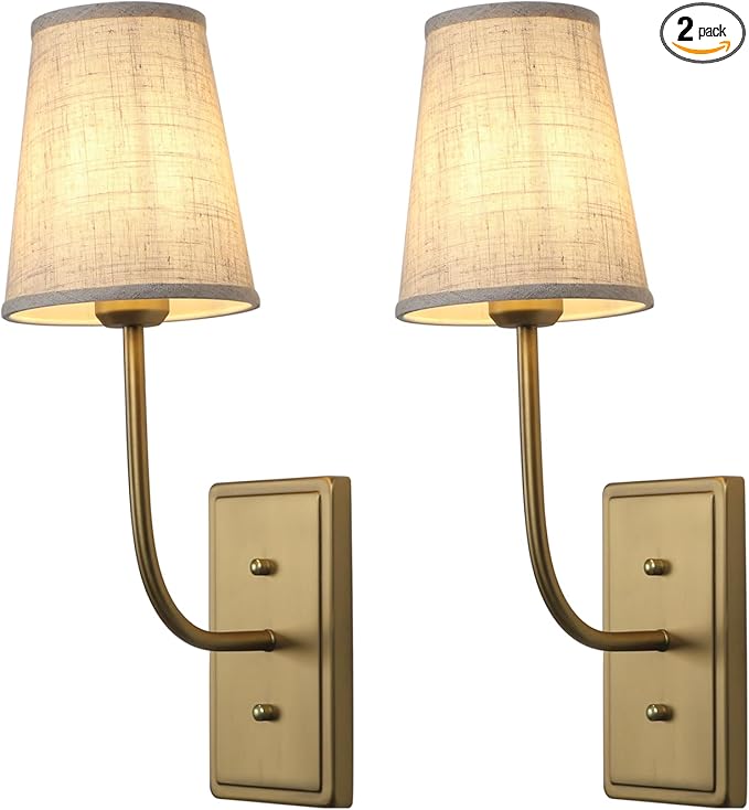 Farmhouse Brass Wall Sconce 1-Light, Linen Fabric Shade Wall Lamp Hardwired Indoor Wall Light for Bedroom Living Room Vanity Bathroom (Linen Cloth 2-Pack)