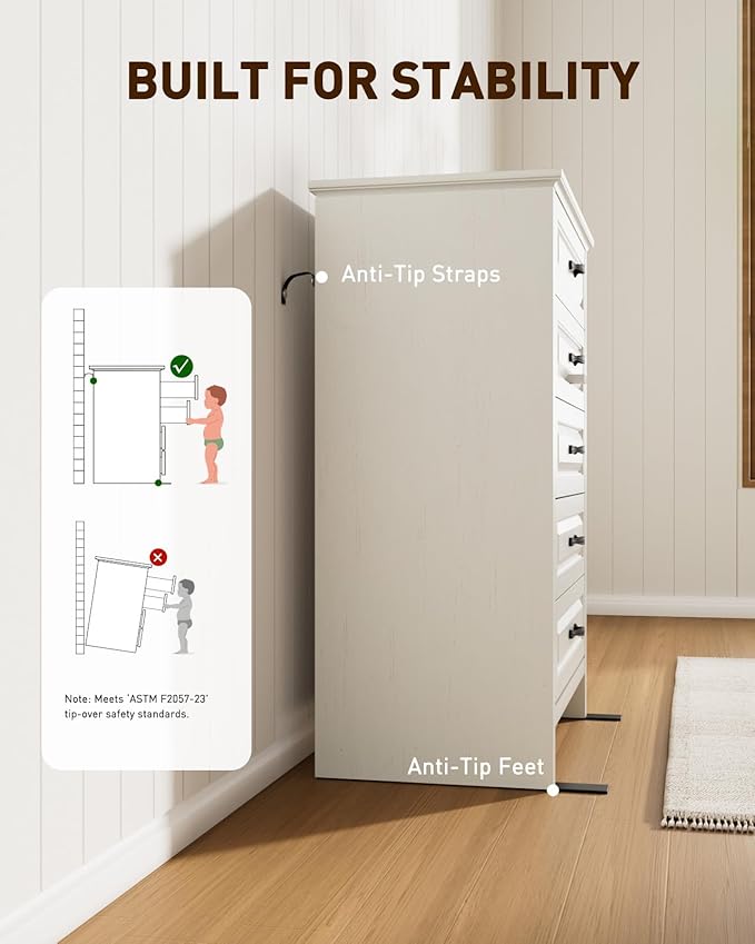 Amada Farmhouse 5 Drawer Dresser for Bedroom with Wood Drawers, Supports up to 22 lbs per Drawer, Anti-Tip Design for Safety, 5 Dresser Drawer Unit for Bedroom, Hallway, White