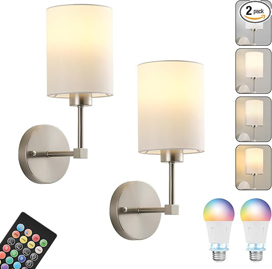 Battery Operated Wall Sconce Set of Two,Wireless Rechargeable Wall Light With Remote Control, Dimmable, 1800K/3000K/4000K/6000K/RGB, Timer, for Living Room, Bedroom, Fireplace, TV, 13.5 Inch, Nickel