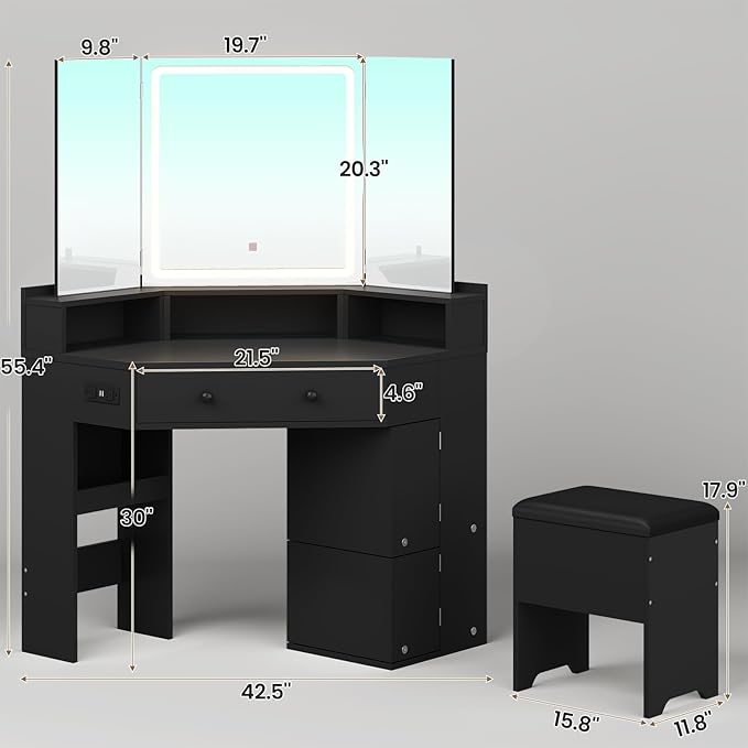 Corner Vanity Desk with Mirror and Lights, Power Outlet & Rotating Shelves, Makeup Vanities with Storage Bench, Drawers, 3 Light Settings, Dimmable for Women Girls, Bedroom, Black