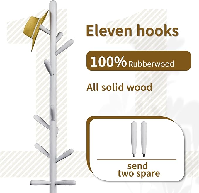 Solid Wood Coat Rack, Freestanding Tree-Shaped Coat Rack with 11 Hooks, Main Pole 1.6" dia for Clothes, Hat Stand Used in Bedroom/Office/Entryway (3-Leg Base, White)