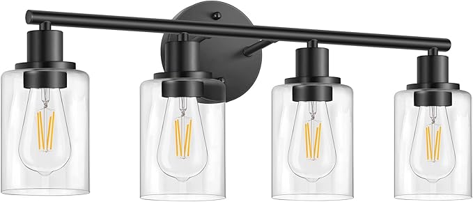 FOLKSMATE Bathroom Light Fixtures, 4 Light Matte Black Vanity Light, Vintage Wall Sconces Lighting, Modern Bath Wall Mounted Lights with Glass Shade