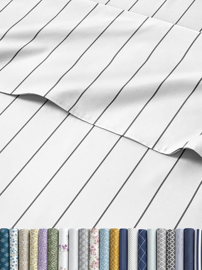 Striped Sheets - Grey Striped Sheets - 1 Flat & 1 Fitted & 2 Pillowcases w/ Deep Pockets – Comfy, Wrinkle & Fade Free - Ultra-Soft, Breathable & Cooling – Luxury Pinstripe Bedding - King Size Bed Set
