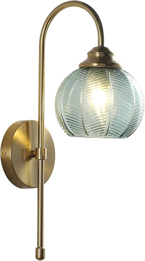 KCO Lighting Vintage Green Glass Wall Light with Brushed Brass Arm - Large Globe Sconce, Gold Finish - Mid Century Modern, Unique Bathroom Wall Lamps