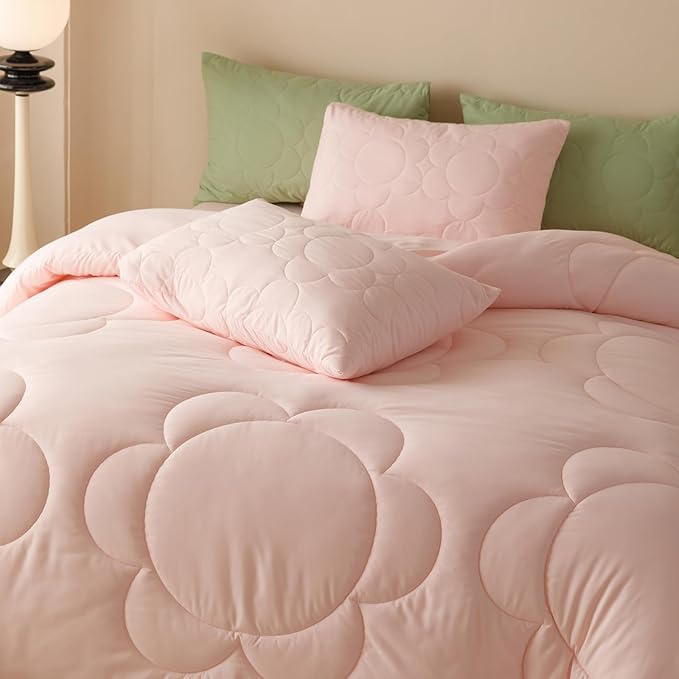 Luxlovery Pink Sunflower Comforter Set Queen Light Pink Quilted Boho Farmhouse Blush Bedding Comforter Set Boho Vintage Soft Breathable Comforter Women Girls