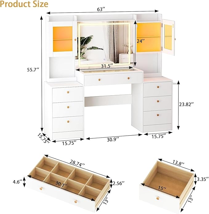 63" Makeup Vanity Desk with Mirror and Lights, Glass Top Makeup Vanity with Power Outlet, 3 Lighting Colors, 7 Drawers, 2 Cabinets for Bedroom, White