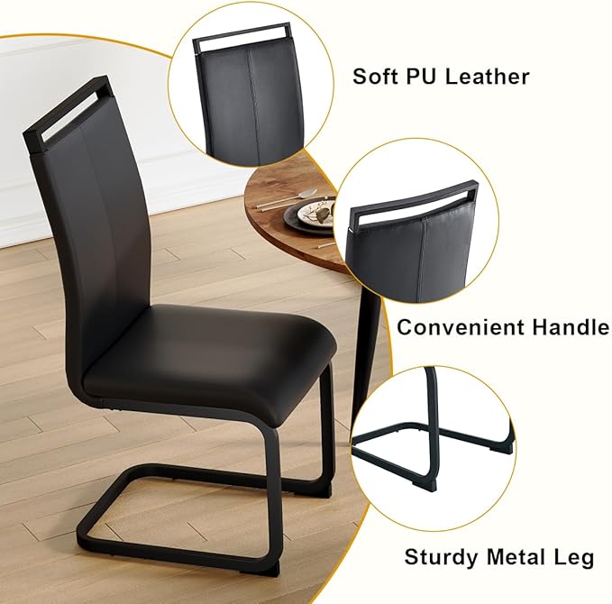 42"-54" Extendable Dining Table Set for 4, Round Dining Table Set for 4, 0.73" Thick Wood Tabletop with Smooth Edge, Black Metal Leg with Non-Slip Footmat, 4 Soft PU Chairs, for Kitchen, Small Space