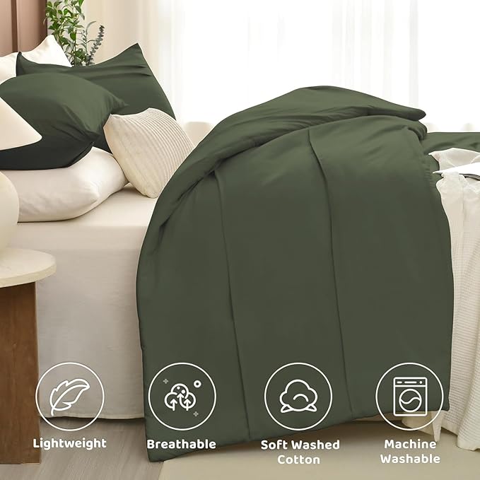 Sanracie Cotton Comforter Set Queen Size(90"x 95"),Olive Green Color Pinch Pleated Bed Comforter for All Season,3Pcs Soft Breathable Bedding Comforter Sets