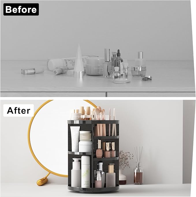 Rotating Makeup Organizer for Vanity, 360 Spinning Skincare Organizers with Adjustable Trays, Make Up Desk Storage Carousel Rack, Cosmetic Display Cases for Dresser Bathroom Countertop