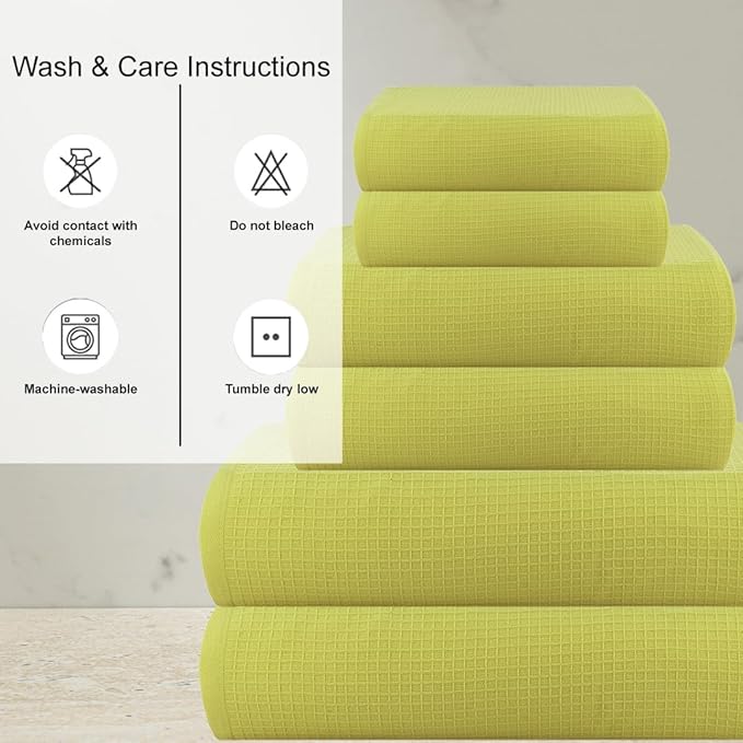 CASA COPENHAGEN Waffle Towel, 6Pieces 100% Cotton Large Towel Set- Lime Green, 2Bath 2Hand 2Washcloths Instant Absorb and Dry, Soft Strong Towels for Hotel Spa Kitchen Bathroom & Shower