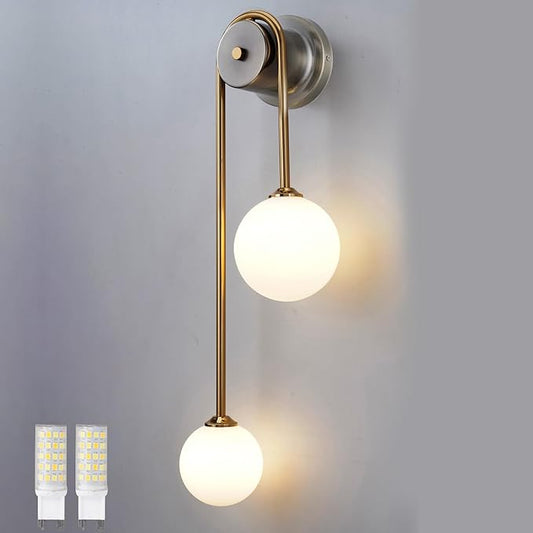 Golden Wall lamp Double Ball, mid-Century Modern Glass Wall sconces,with G9 Tricolor Bulb for Living Room Bedroom Bedside Stairs Restaurant Bathroom Corridor Aisle Lighting