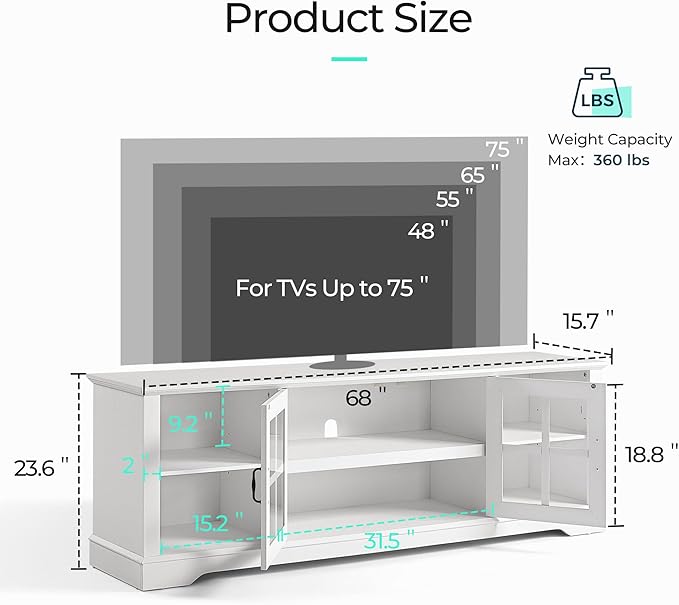 LINSY HOME TV Stand for 75 Inch TV, 68" Long Entertainment Center with LED Lights and Glass Door Storage Cabinet, Modern Farmhouse Wood TV Console Table for Living Room, Bedroom, White