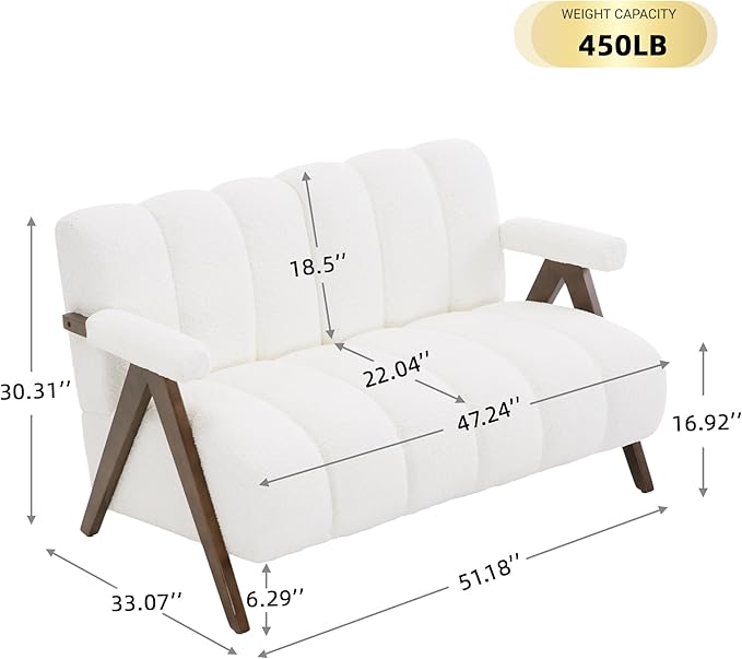 Mid Century Modern Accent Chair Loveseat Sofa with Solid Wood Frame, Boucle Upholstered Living Room Chairs with Thick Cushion, Comfy Tufted Arm Chair for Bedroom, Ivory